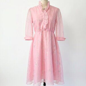 Vintage Coquette Pink Floral Dress with Ruffle Detail and Zipper Unique Kawaii